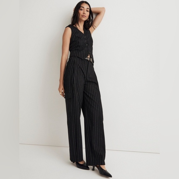 Madewell Cargo Pants in Pinstripe Wool Blend Sz 16 Black - Picture 1 of 14